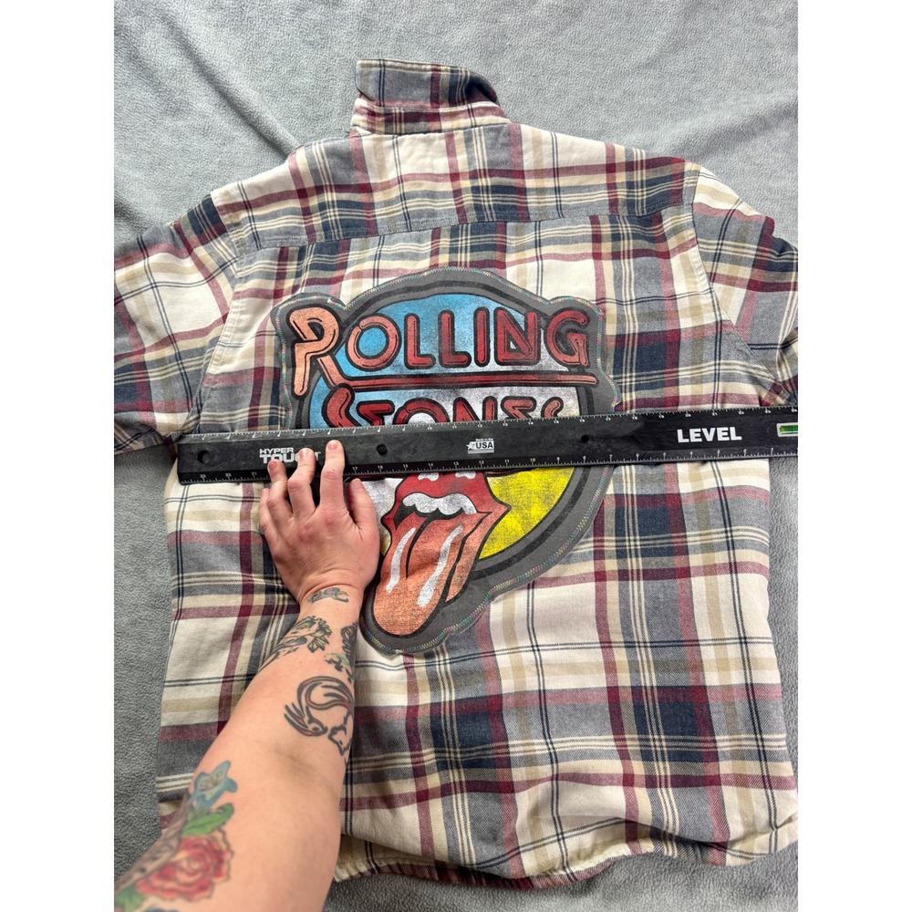 Upcycle Rolling Stones Sherpa Lined Flannel Shirt Jacket Plaid Men XL Cream Red - Picture 6 of 9